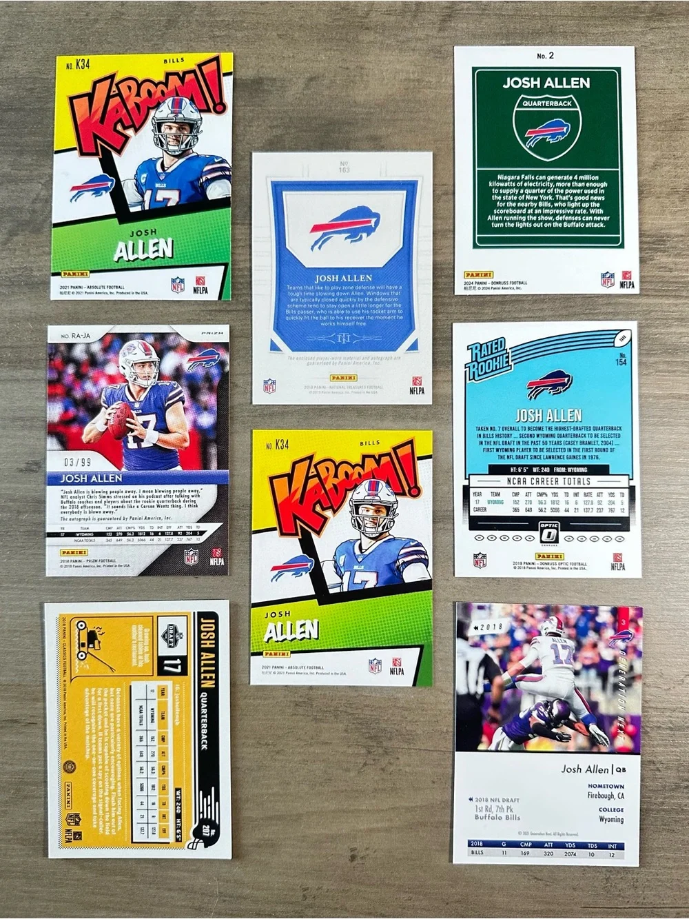 Josh Allen Signed Rookie Lot of (8) Panini Kaboom Downtown Novelty Cards. Bills.